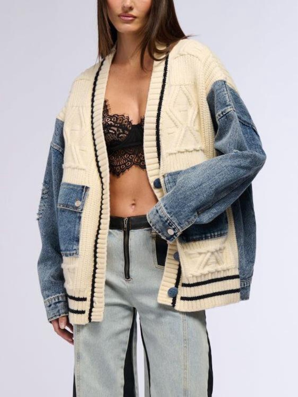 Cream Knit & Blue Denim Mixed-Media Patchwork Cable Knit Cardigan Jacket